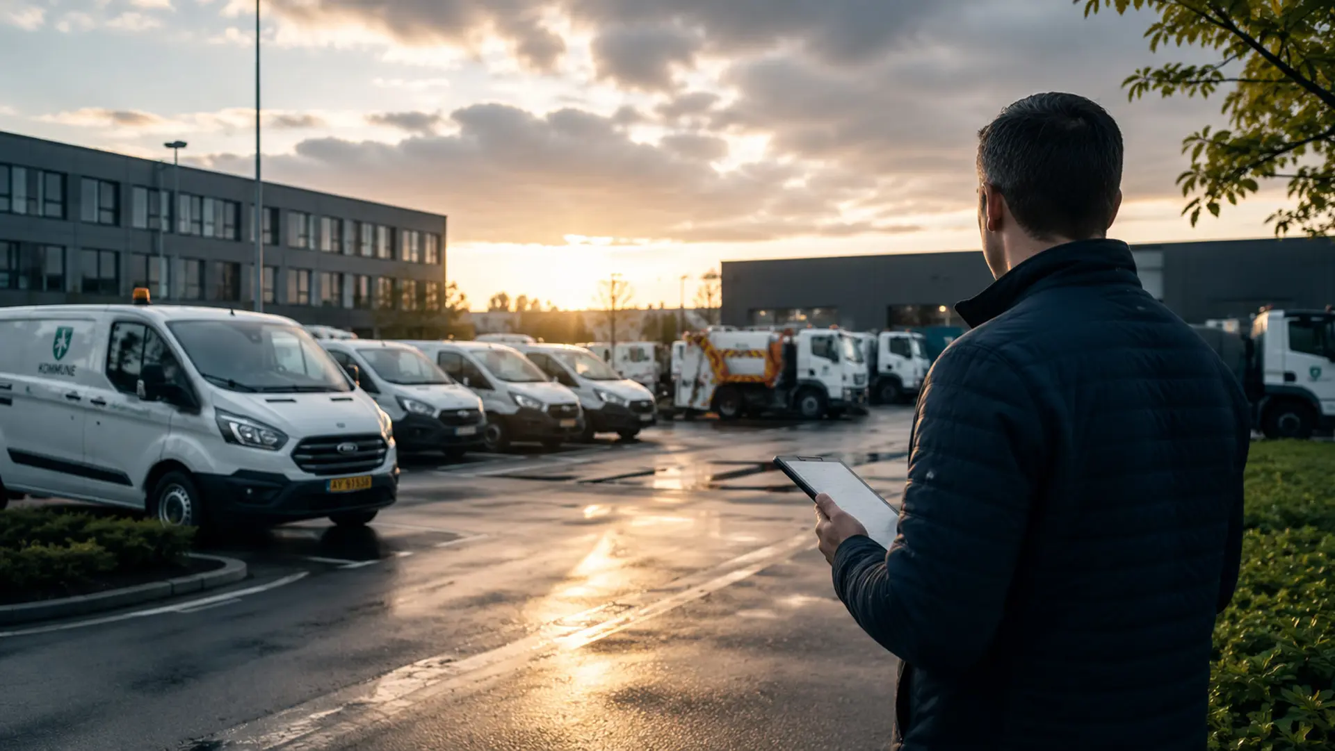 Flådeansvarlig med tablet foran en række hvide varebiler og lastbiler ved solopgang