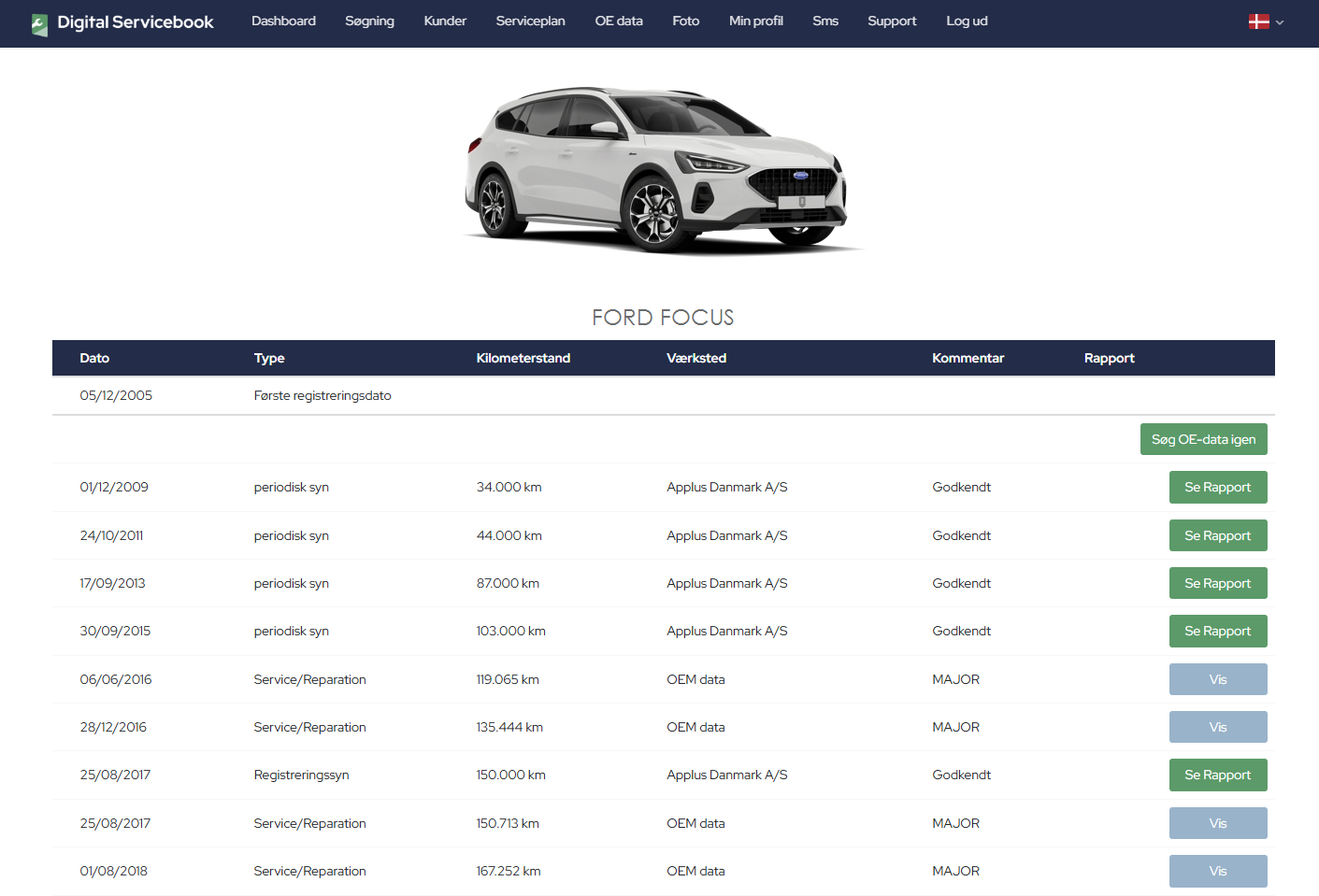 Servicehistorik for en Ford Focus i Digital Servicebook med dato, kilometerstand, værksted og kilde for hver registrering