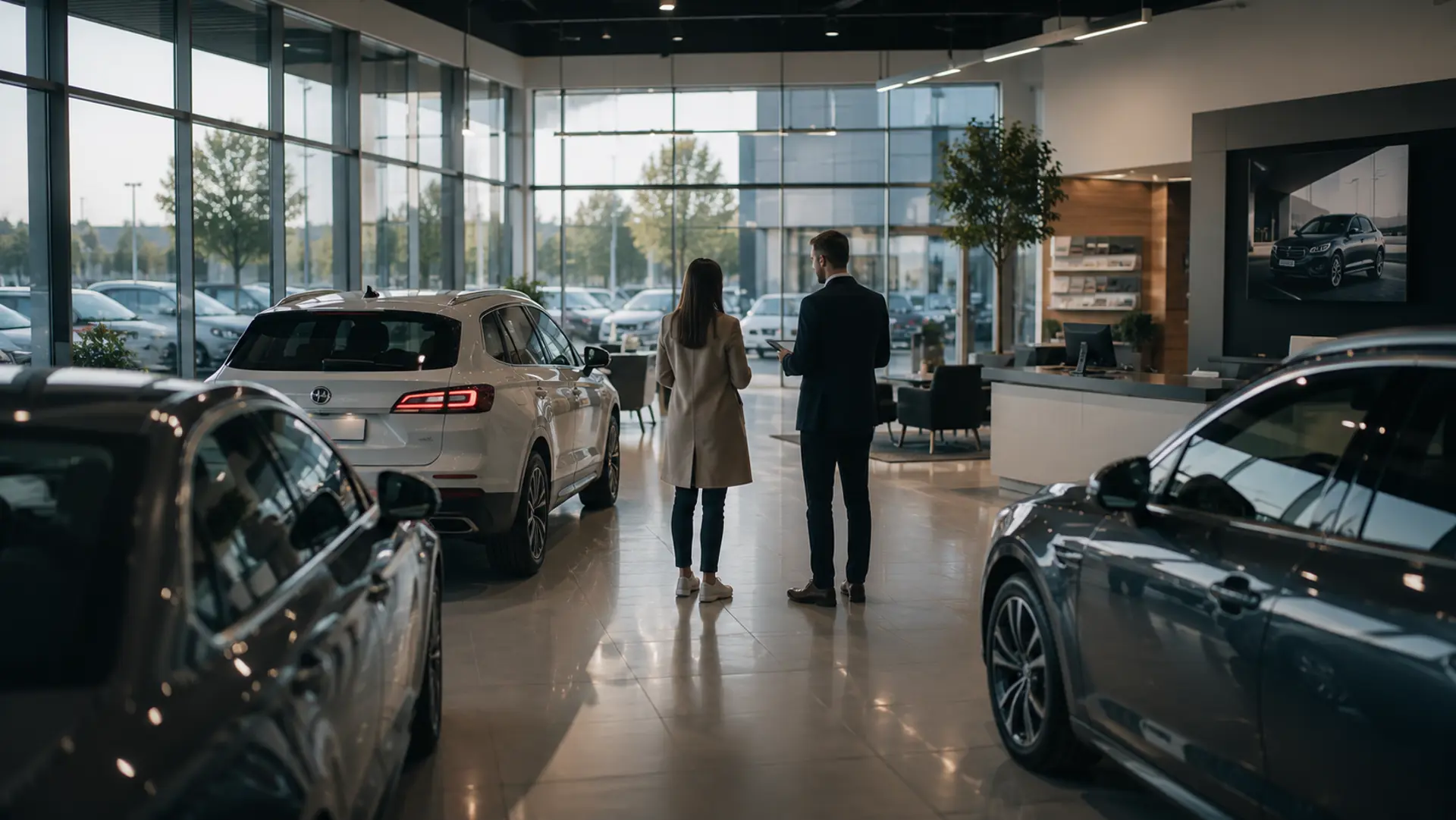 Bilsælger og kunde i et showroom med flere biler indenfor og en fyldt plads udenfor