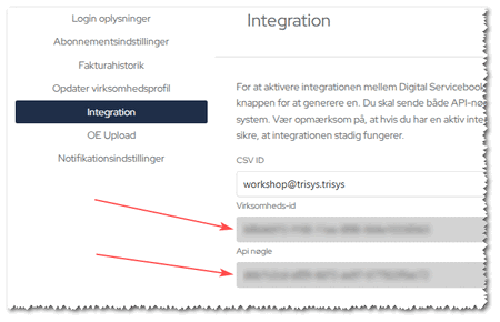 Integration-siden i Digital Servicebook med felterne Virksomheds-id og Api noegle