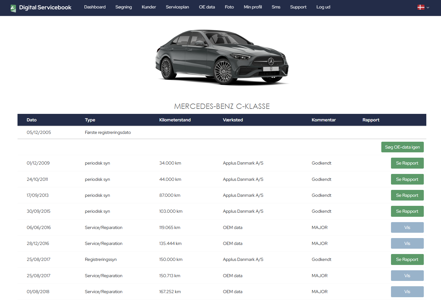 Servicehistorik for en Mercedes-Benz C-Klasse i Digital Servicebook med dato, kilometerstand, værksted og kilde for hver registrering