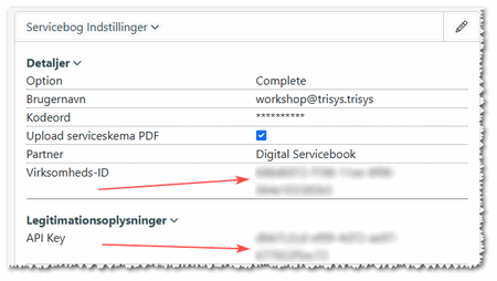 Servicebog Indstillinger i TRISYS med felterne Virksomheds-ID og API Key