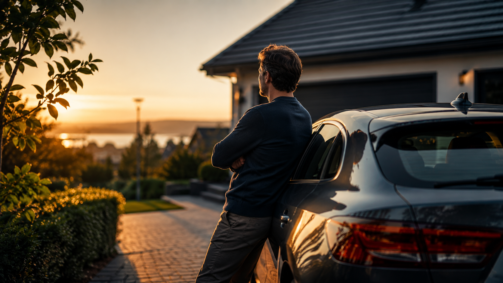 A car owner leaning against his car in the driveway at sunset