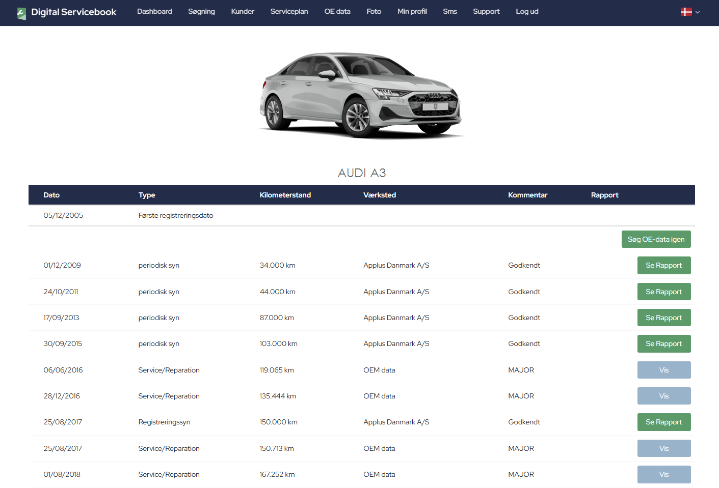 Servicehistorik for en Audi A3 i Digital Servicebook med dato, kilometerstand, værksted og kilde for hver registrering
